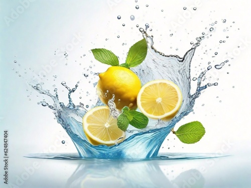 Fresh lemons, mint and pure water splash isolated on white background. 