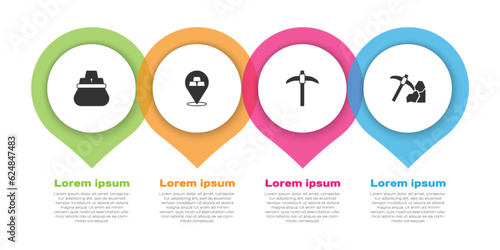 Set Bag of gold bars, Gold, Pickaxe and mining. Business infographic template. Vector