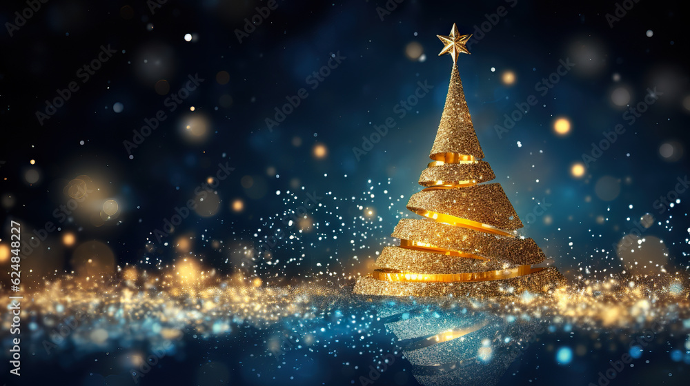 Golden Christmas Tree Shining in the Abstract Night on a Blue Background. created with Generative AI Golden Christmas Tree Shining in the Abstract Night on a Blue Background. created with Generative AI