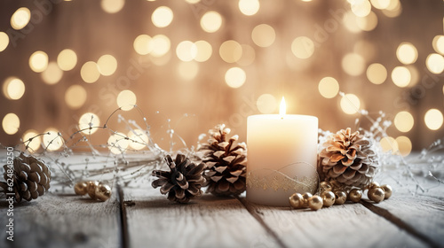 Rustic Winter Delight - White Christmas Candle with Natural Decor on Wooden Boards, Advent Sunday Scene with Magical Bokeh Lights. created with Generative AI