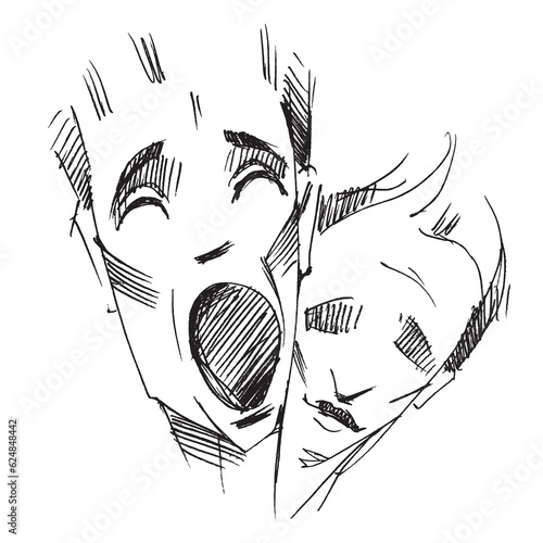Emotions. Two human heads. Line drawing of a face. Fear and fright. Sad face