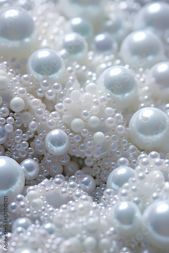 A close up of a white powder with various sized white pearls