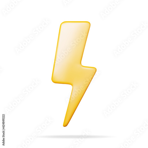 3D Lightning Sign Isolated. Render Yellow Plastic Lightning Icon. Weather or Electricity Symbol. Cartoon Flash or Charge Icon. Vector Illustration