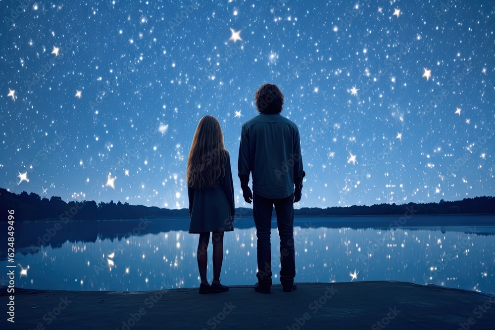 A couple standing under a starry sky, alluding to cosmic connections. Generative AI