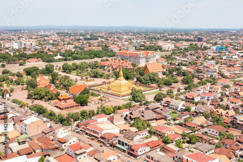 thatlaung stupa in vientiane, laos on drone angle shot