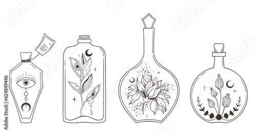 Magic masson jar with mystical plants and moon bundle, hand drawn glass bottles and celestial flowers vector black and white images set