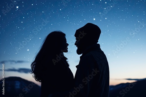 A couple standing under a starry sky, alluding to cosmic connections. Generative AI