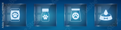 Set Bag of food for pet, Medicine bottle and pills, and Pet bowl cat dog. Square glass panels. Vector