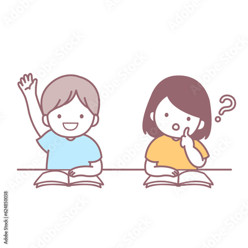 授業で手を挙げる男の子と首をかしげる女の子
