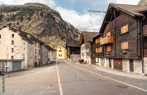 Street in the small village Chironico, is a fraction of the municipality of Faido, in the Canton of Ticino, district of Leventina, Switzerland © EleSi