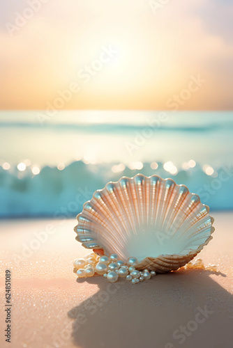 in the style of jewelry, An oyster sitting on a desert beach.