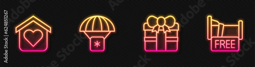 Set line Gift box, Shelter for homeless, Humanitarian aid and Free overnight stay house. Glowing neon icon. Vector