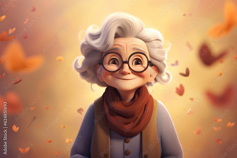 Old woman with nice haircut cartoon character. Smiling grandma portrait on autumn background - obrazy, fototapety, plakaty 