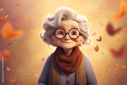 Old woman with nice haircut cartoon character. Smiling grandma portrait on autumn background photo