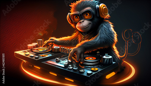 Funny monkey dj at turn table console, disco edm party, night club illustration Ai generated image