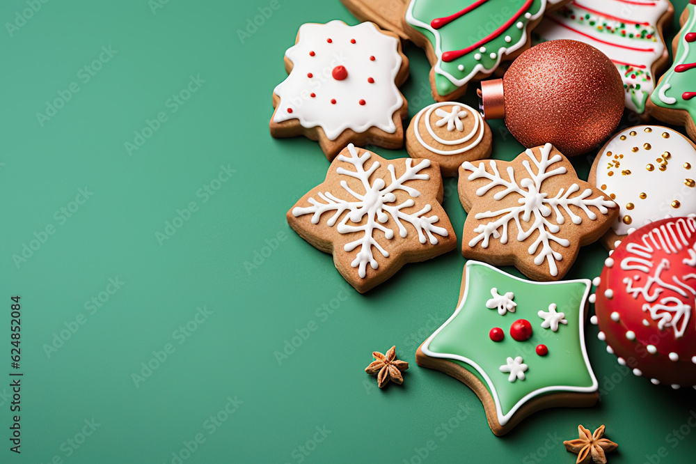 Delicious Delights Flat Lay Composition of Tasty Homemade Christmas Cookies on Green Background. created with Generative AI