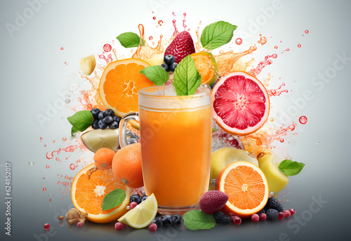 Drink for immunity. Immune booster antivirus drink with vitamin C fruits and berries. Glass of juice with liquid splash, immunity protection in virus season. Natural medicine concept. AI generated