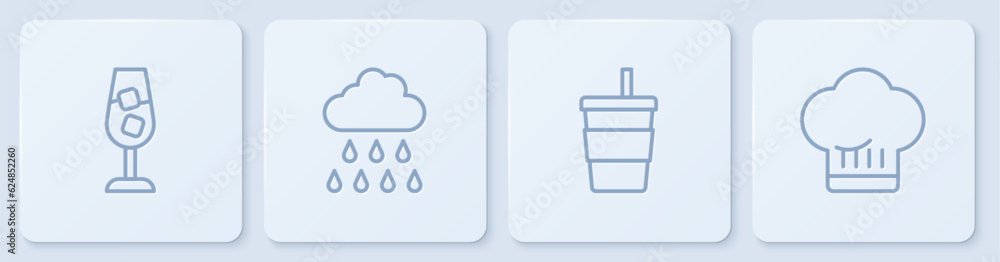 Set line Wine glass, Paper with water, Cloud rain and Chef hat. White square button. Vector Set line Wine glass, Paper with water, Cloud rain and Chef hat. White square button. Vector