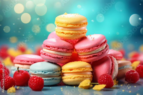 Colourful sweet macaroon pastry background. Dessert cake food bakery side view image