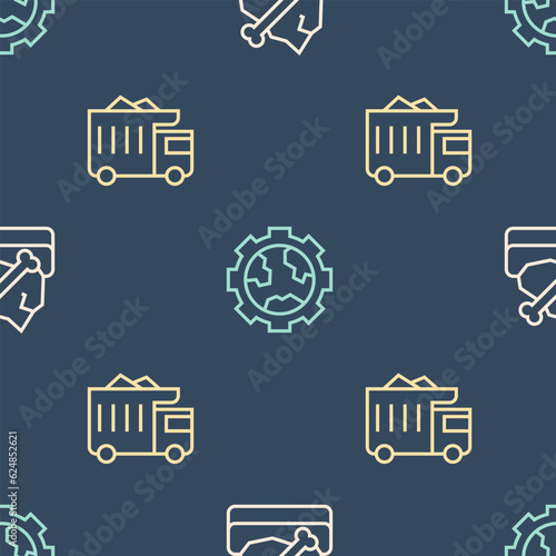 Set line Archeology, Mining dump truck and Gear wheels and earth on seamless pattern. Vector