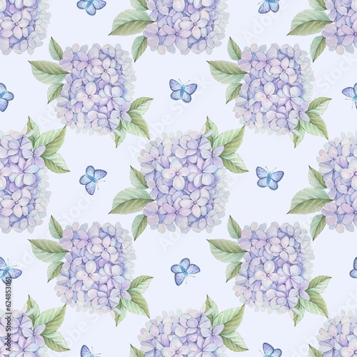 Floral seamless pattern with delicate watercolor purple hydrangea flowers and butterflies