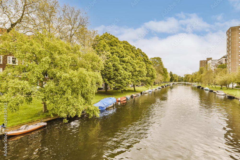 some boats in the water with buildings on either sides and trees growing along the riverbank, as seen from above some boats in the water with buildings on either sides and trees growing along the riverbank, as seen from above