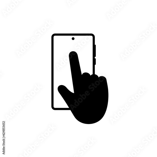 hand icon on smartphone screen in black on white background, pointer or manipulator