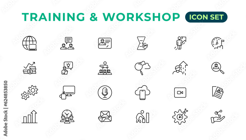 Training and workshop linear icons collection.Set of thin line web icon set, simple line icons collection, Pixel Perfect icons, Editable vector illustration. Training and workshop linear icons collection.Set of thin line web icon set, simple line icons collection, Pixel Perfect icons, Editable vector illustration.