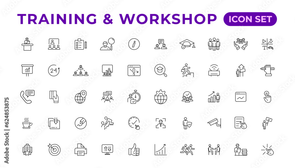 Training and workshop linear icons collection.Set of thin line web icon set, simple outline icons collection, Pixel Perfect icons, Editable vector illustration. Training and workshop linear icons collection.Set of thin line web icon set, simple outline icons collection, Pixel Perfect icons, Editable vector illustration.