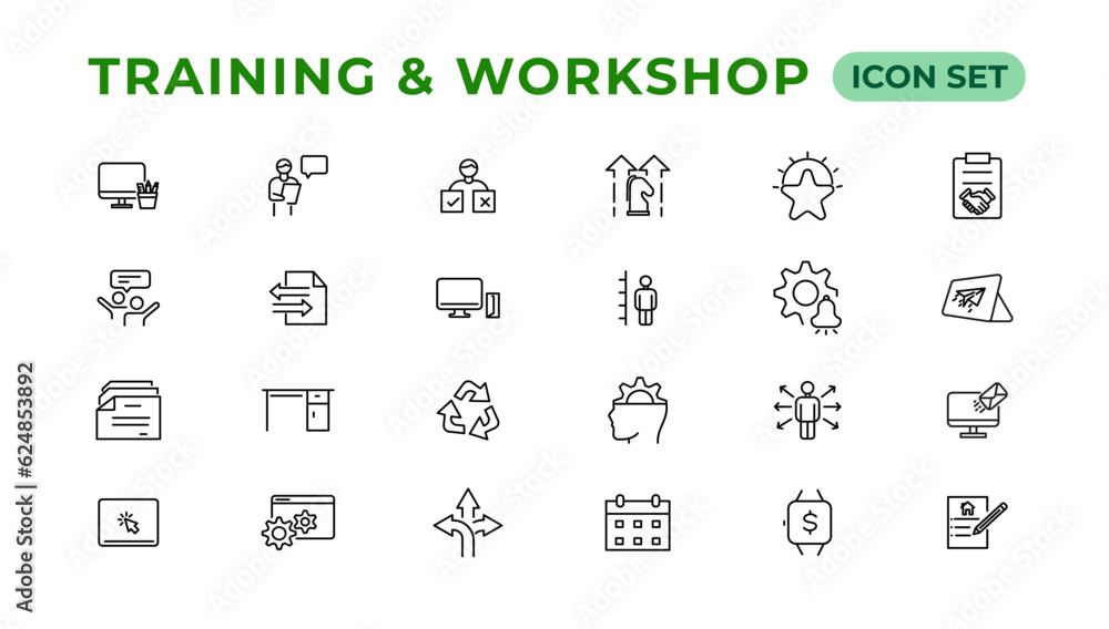 Training and workshop linear icons collection.Set of thin line web icon set, simple line icons collection, Pixel Perfect icons, Editable vector illustration. Training and workshop linear icons collection.Set of thin line web icon set, simple line icons collection, Pixel Perfect icons, Editable vector illustration.