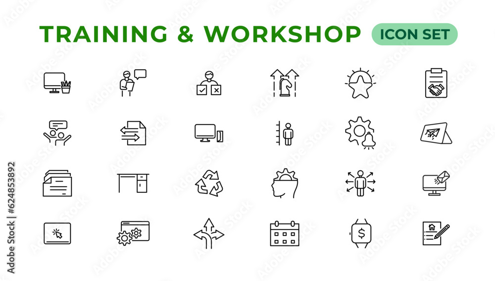 Training and workshop linear icons collection.Set of thin line web icon set, simple line icons collection, Pixel Perfect icons, Editable vector illustration.