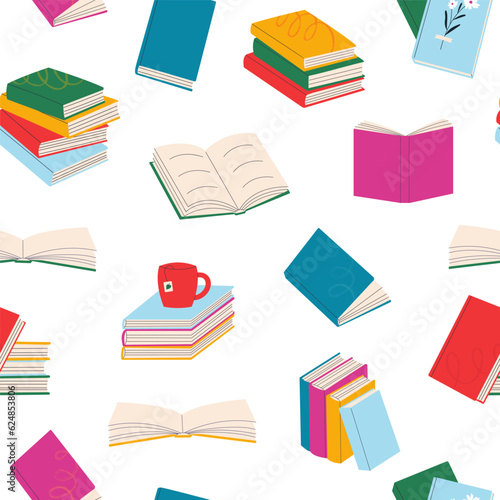 Seamless pattern with various books, stack of books, materials for reading and education.