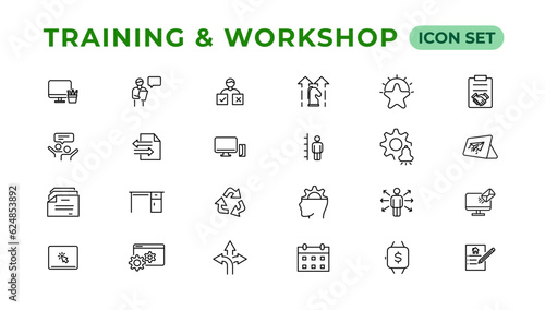 Training and workshop linear icons collection.Set of thin line web icon set, simple line icons collection, Pixel Perfect icons, Editable vector illustration.