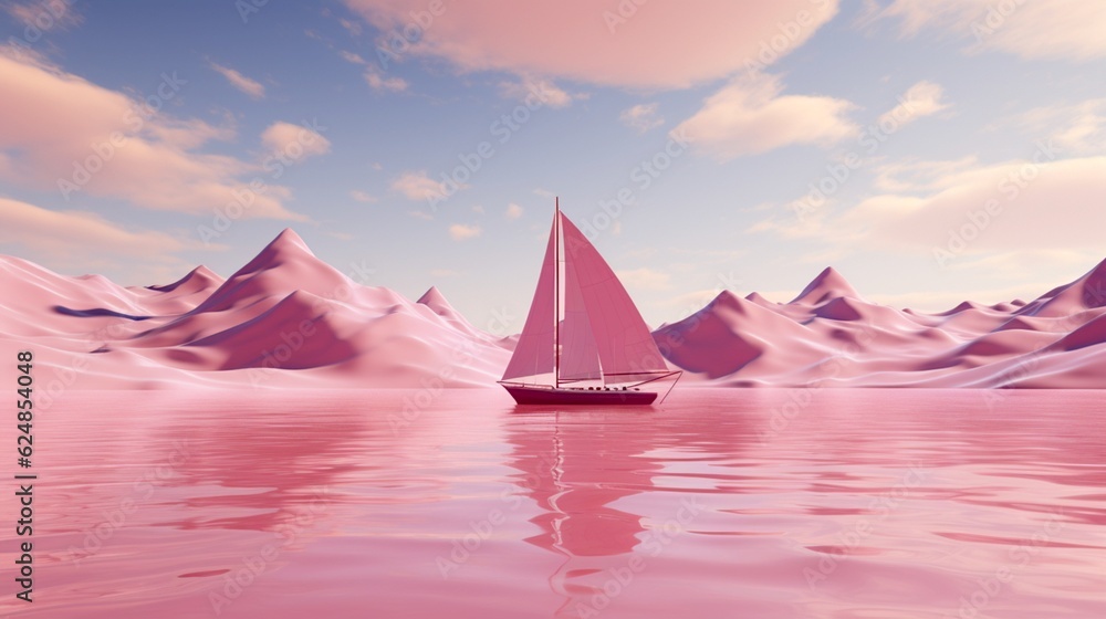 Boat with sail in the sea, futuristic landscape, pink, mountains and clouds. Generated AI
