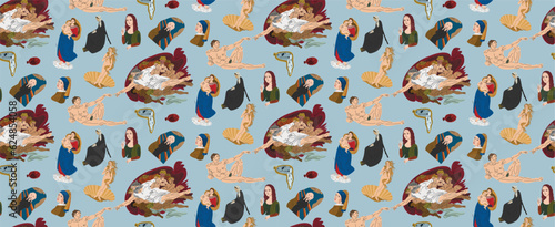 Famous paintings in vector. Exhibition of classical painting. Gallery of works of art. masterpieces of world art. Creation of Adam. Reproductions of paintings. Seamless pattern