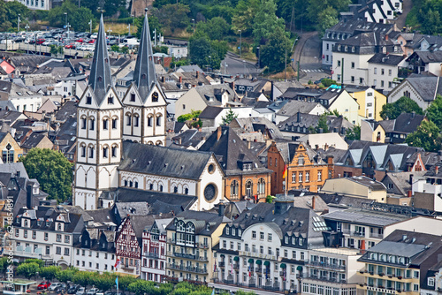 The church of St. Severus dominates the view of the town of Boppard on the River Rhine.