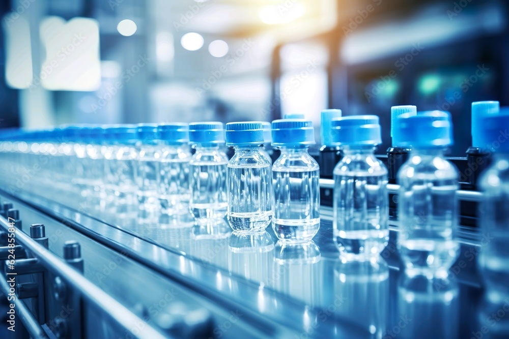 Hintergrund der pharmazeutischen Herstellung mit Glasflaschen mit klarer Flüssigkeit auf einer automatischen Förderlinie, Generiert mit KI