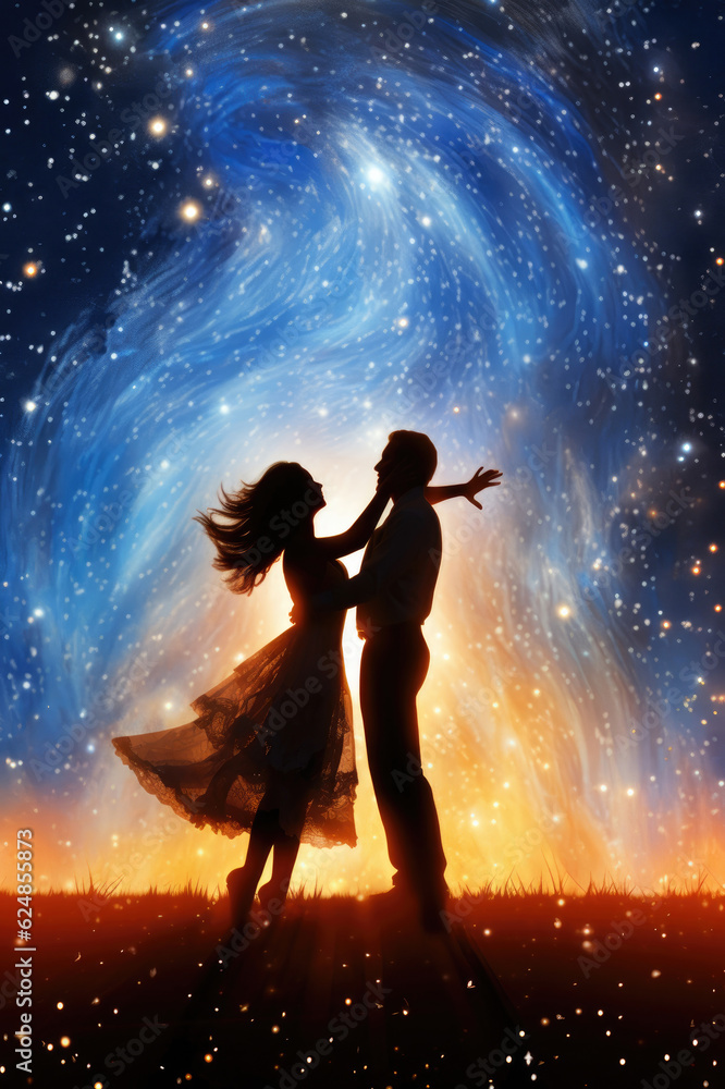 A couple dances in the middle of a sky full of stars