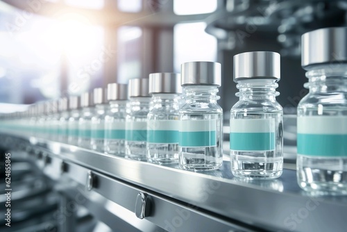 Hintergrund der pharmazeutischen Herstellung mit Glasflaschen mit klarer Flüssigkeit auf einer automatischen Förderlinie, Generiert mit KI