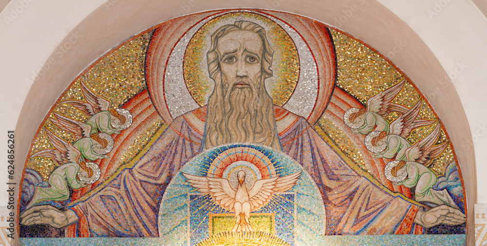 ANNECY, FRANCE - JULY 11, 2022: The mosaic of God the Father in the main altar of Basilique de la Visitation church by workroom  from Venice and Briare from 20. cent..