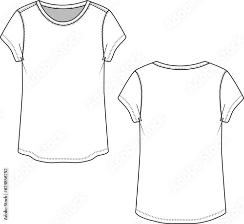 Womens Crew Neck short sleeve T-shirt technical flat sketch drawing vector 
