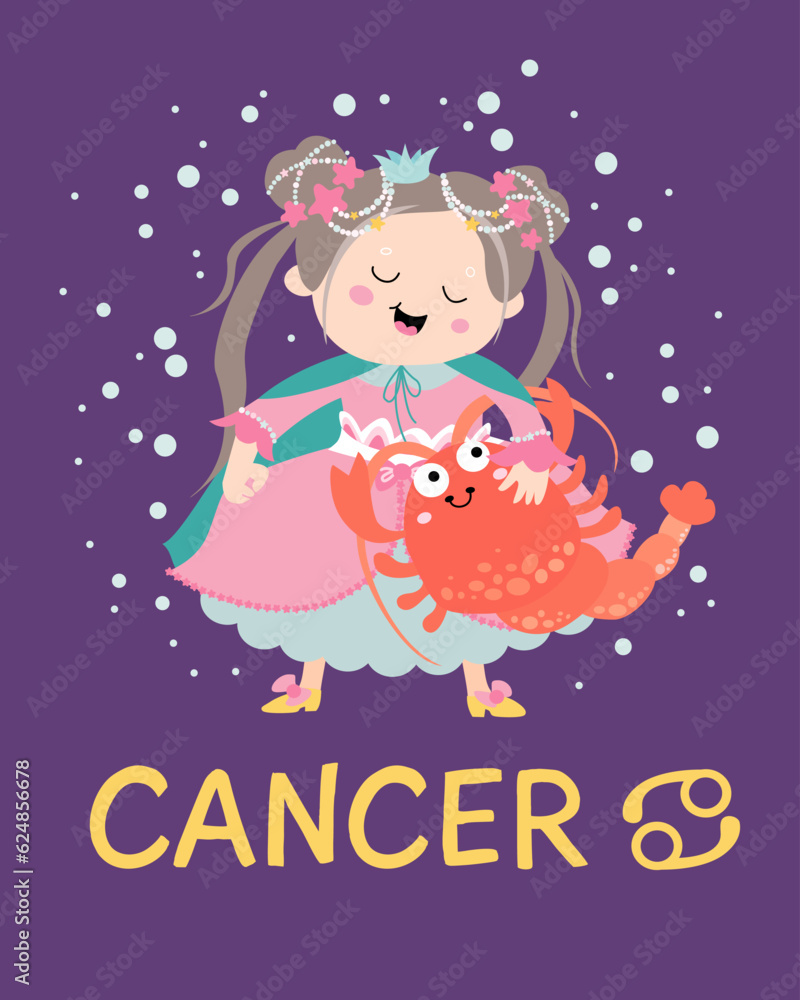 Fototapeta premium Cute sign zodiac card flat style. Vector illustration with astrological symbol Cancer, zodiac sign. Mystical symbol.