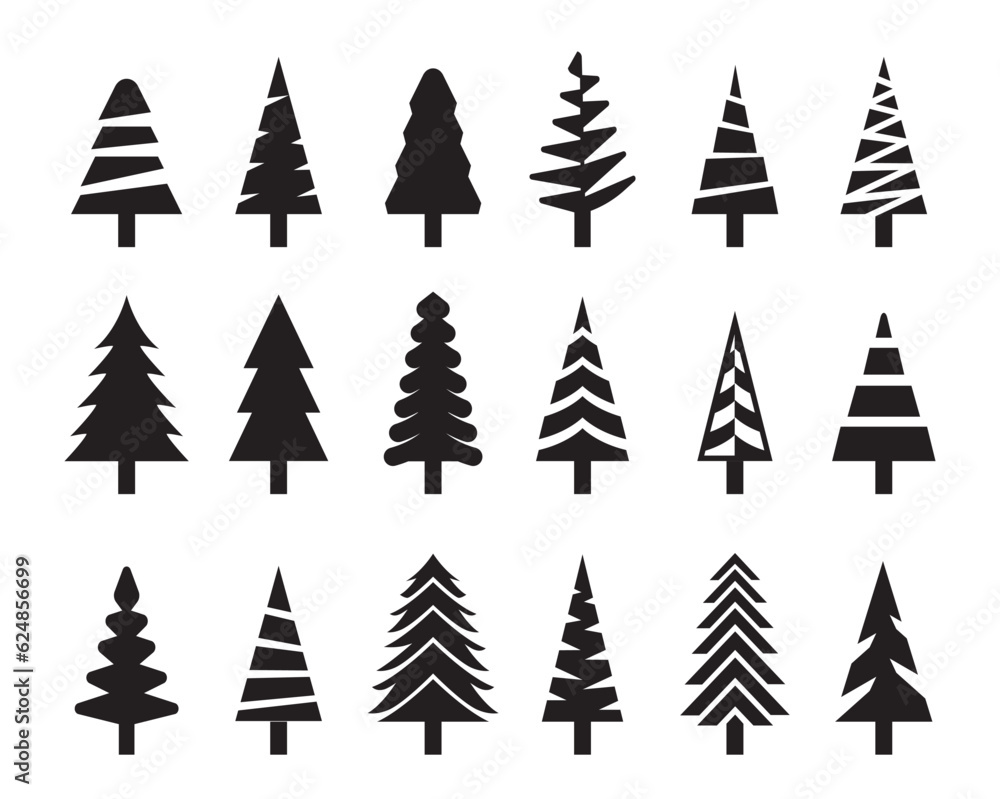 Simple and minimalist Christmas Pine tree silhouettes collection vector templates, Black and White