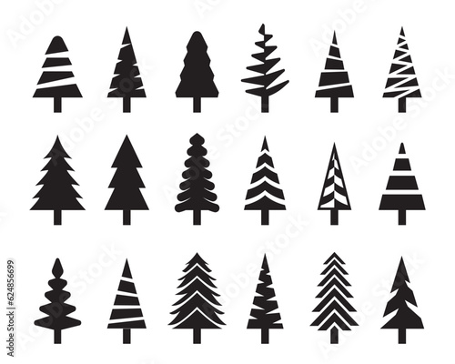 Simple and minimalist Christmas Pine tree silhouettes collection vector templates, Black and White