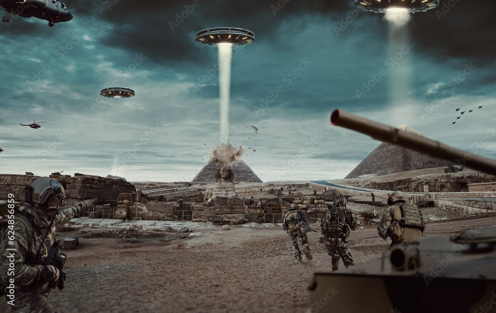 Alien and UFOs in the pyramids of Egypt Stock Illustration | Adobe Stock