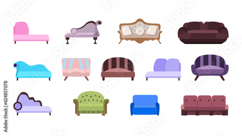 set of cozy vintage sofas. A collection of retro furniture for the living room, study and boudoir. Illustrations in a flat cartoon style