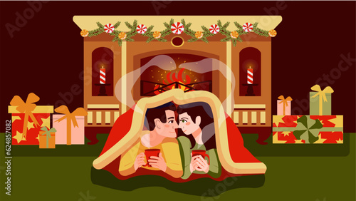 young couple, dressed in bright sweaters with coffee mugs, lie together by the fireplace, wrapped in a cozy blanket during the winter holidays