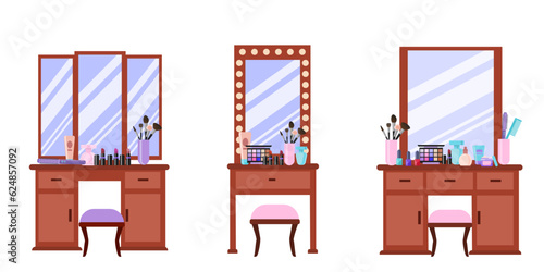 Set of Dressing tables with mirror and stool in a modern style. Cosmetics, jewelry box, makeup brushes, perfume and a com on the table. Vector illustration in cartoon flat style