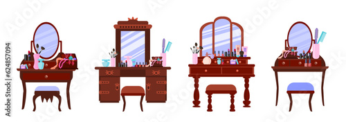 Set of Dressing tables with mirror in vintage style. Cosmetics, makeup brushes, perfume and a comb on the table. Vector illustration in cartoon flat style