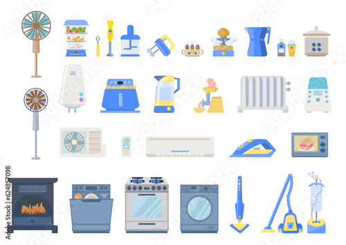 Set of home equipment. Collection of climate equipment, appliances for cleaning the house and cooking. Set of electrical appliances for a comfortable home.Сozy home.Vector illustration in flat style